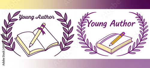 Young Author Badges with Books, Pens, and Laurel Wreaths for Literature, Storytelling, and Creative Writing Competition Recognition Graphics