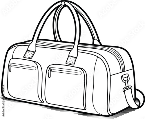 Duffel bag front view illustration with handles, detachable shoulder strap, zippered front pockets, main compartment, detailed structure design, cad drawing flat vector illustration