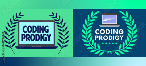 Coding Prodigy Badges with Laptops, Laurel Wreaths, and Code Snippets for Programming, Technology Competitions, and Digital Skills Recognition