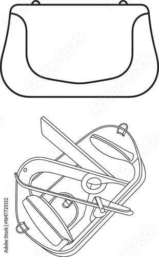 Closed and open purse with grooming tools, scissors, nail file, clippers, organized storage layout, functional accessory design, cad drawing flat vector illustration