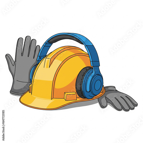 protection of builders. helmet. gloves. headphones