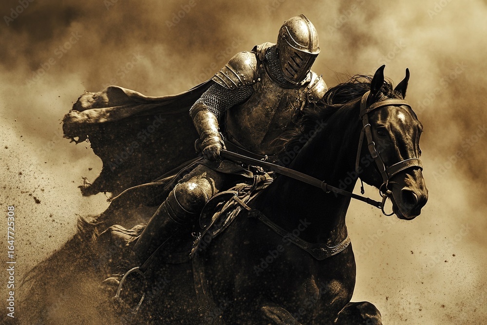 Fototapeta premium knight in armor riding into battle on a black stallion