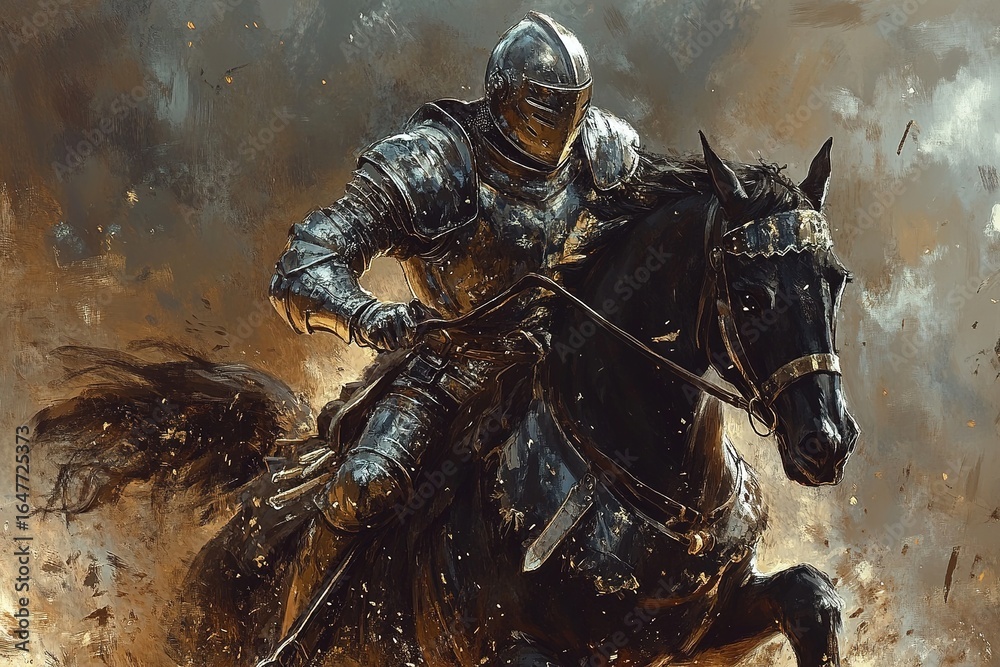 Fototapeta premium knight in armor riding into battle on a black stallion
