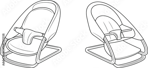 Baby rocker chair front and angled view, curved padded seat and backrest, safety harness, rocking base structure, cad drawing flat vector illustration