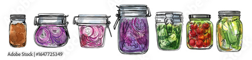 Jars with fermented vegetables. Tomatoes and cucumbers in a glass jar. Watercolor illustration of food on a white background. Color and ink
