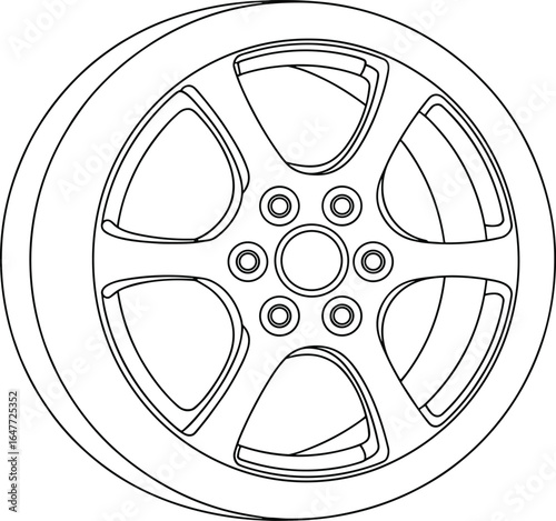 Car wheel with tire outline, five spoke rim design, central hub five lug nuts, precision line art, engineering blueprint, cad drawing flat vector illustration