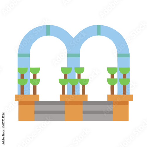 Minimalist illustration of a symmetrical blue garden trellis with potted plants
