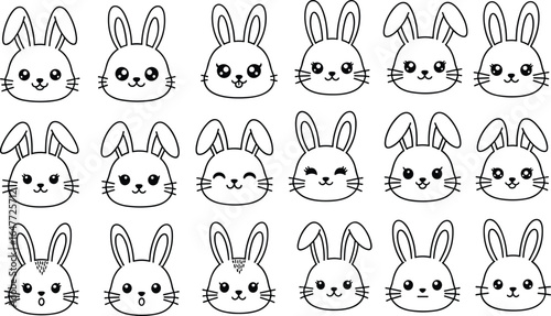 Cute bunny faces line art set, cartoon rabbit heads collection, kawaii animal illustrations, simple black and white vector icons, adorable pet design