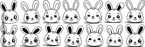 Cute bunny vector illustration set, kawaii rabbit face collection with big ears and shadows, cartoon style, black and white outline