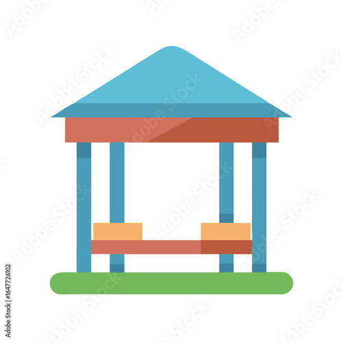 Blue gazebo with bench on green grass against a black background