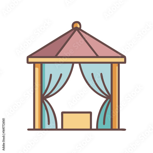 Cartoon illustration of a vintage gazebo structure with hanging curtains, on black