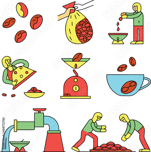 Flat Design Coffee Bean Processing and Preparation Stages with People beans roasting