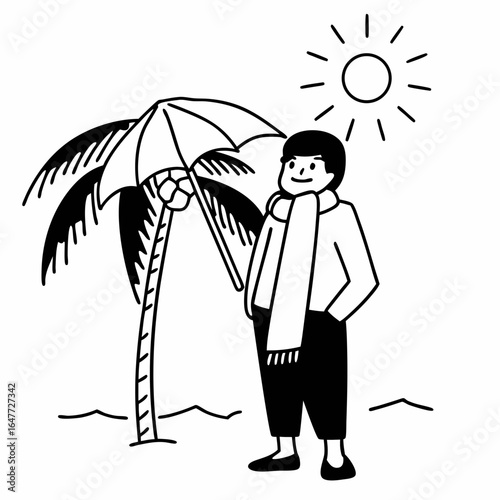 Illustration of a man wearing a scarf standing near a palm tree on a sunny beach