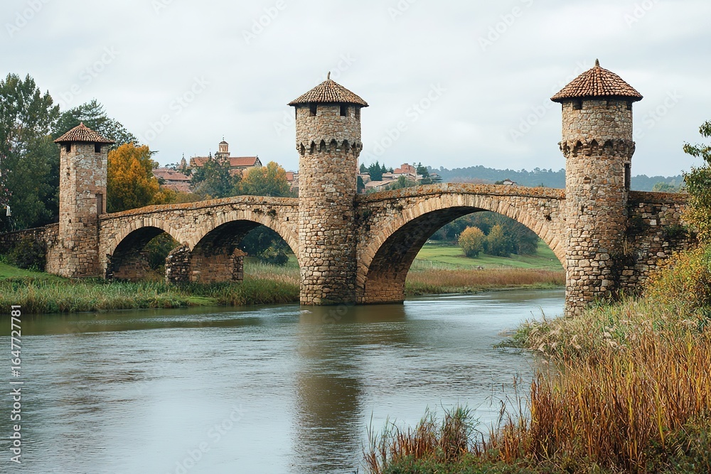 Fototapeta premium medieval bridge over a river with stone towers