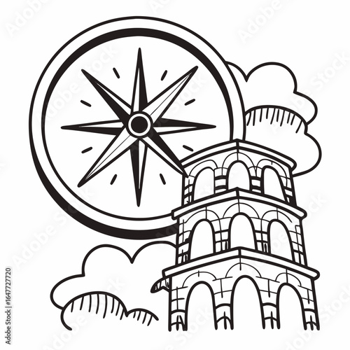 Illustration of a compass and tower, symbolizing travel and architectural landmarks