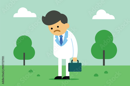 Sad businessman with briefcase in park setting person, sad, businessman, man, person, suit, tie, briefcase, holding, slumped, dejected, unhappy, disappointed, failure, defeat, loss, park, nature, tree
