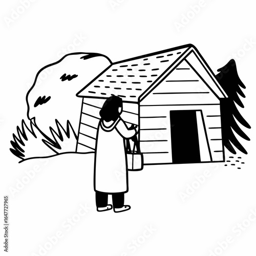 Illustration of a woman approaching a rustic shed in a rural landscape isolated on white background