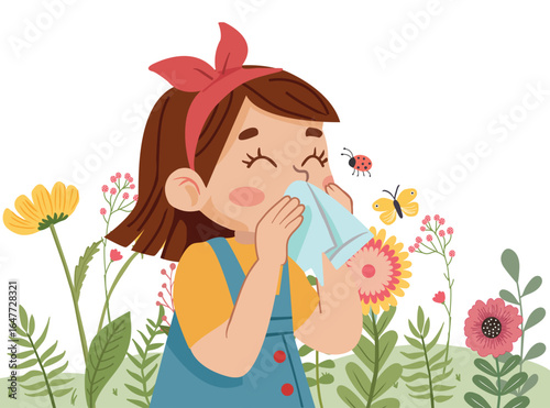 girl suffering f allergy symptom sneezing on a handkerchief.