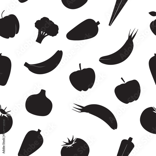 Seamless Pattern of Black Vegetable and Fruit Silhouettes on White vegetables fruits