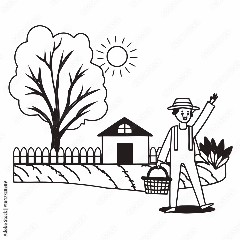 Naklejka premium A farmer with basket in farm field isolated on white background