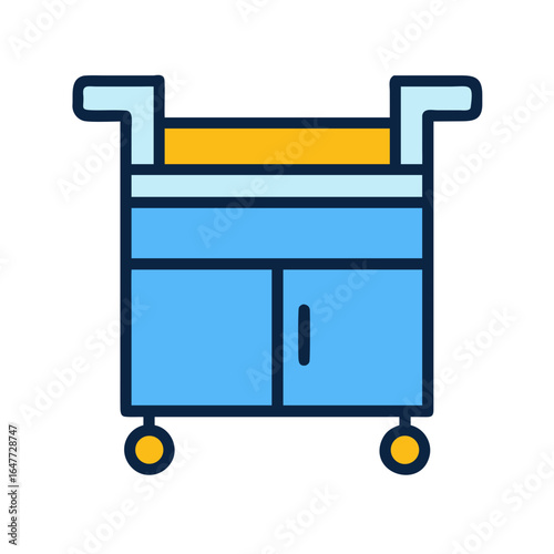 Stylized icon of a service trolley featuring cabinets and top surface on black backdrop