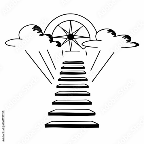 Illustration of a stairway to heaven with clouds and compass, isolated on white background