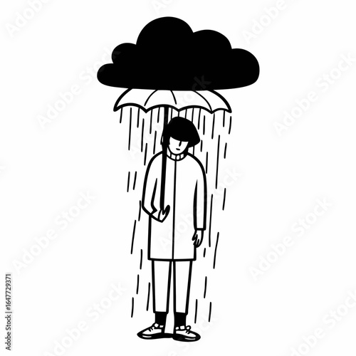 A person standing under a rain cloud with an umbrella isolated on white background