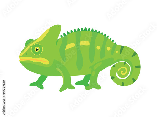 Cute Green Chameleon. Flat vector clipart, illustration with isolated background.
