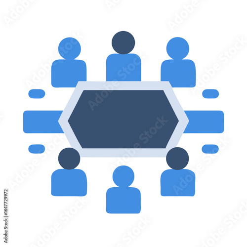 Business meeting icon, group of people sitting at hexagonal table discussing deal