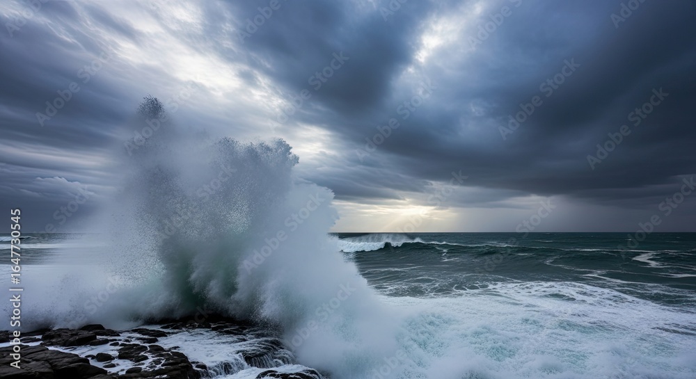 Powerful ocean wave crashing against dark rocks under a dramatic stormy sky. Powerful ocean wave crashing against dark rocks under a dramatic stormy sky.