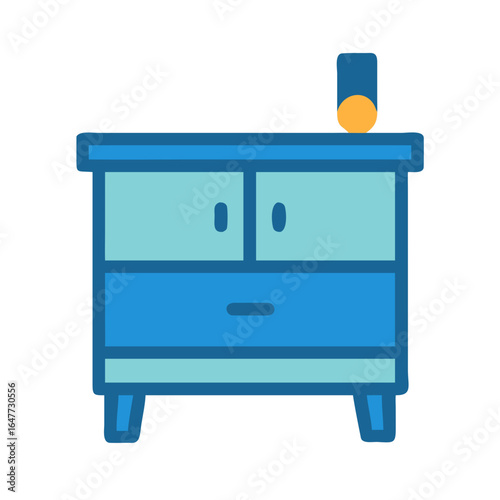 Simple bedside table icon illustration in light and dark blues with orange element