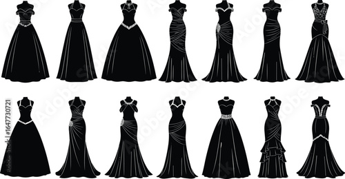 Elegant evening gowns silhouette set, formal dress vector collection, women’s fashion dresses, black dress designs, bridal and prom gown illustrations, stylish gown icons