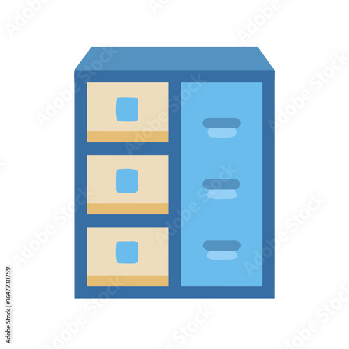 Blue file cabinet with three drawers and a simple illustration style