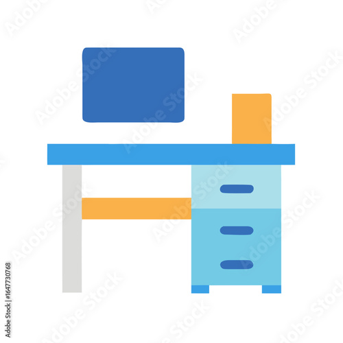 Flat design icon of a work desk with computer screen on black background