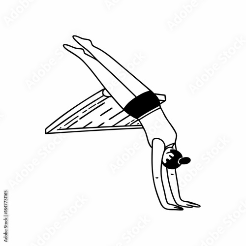 A woman is doing a handstand yoga pose on a beach isolated on white background