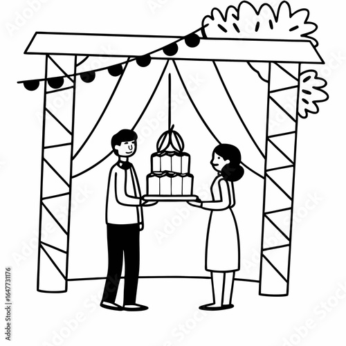 A couple is holding a wedding cake under a decorated arch isolated on white background