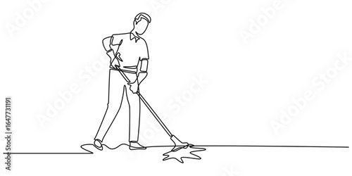 Continuous one line drawing male mopping floor at office. Cleaning workers. Professional cleaning staff, Single one line drawing man mopping floor in uniform. Male cleaner janitor cleaning the office.