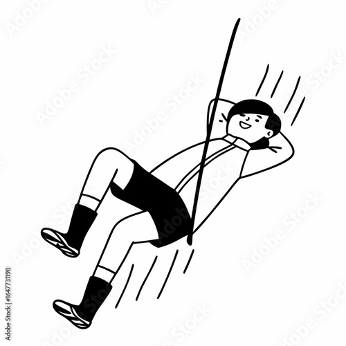 A boy is swinging on a rope isolated on white background