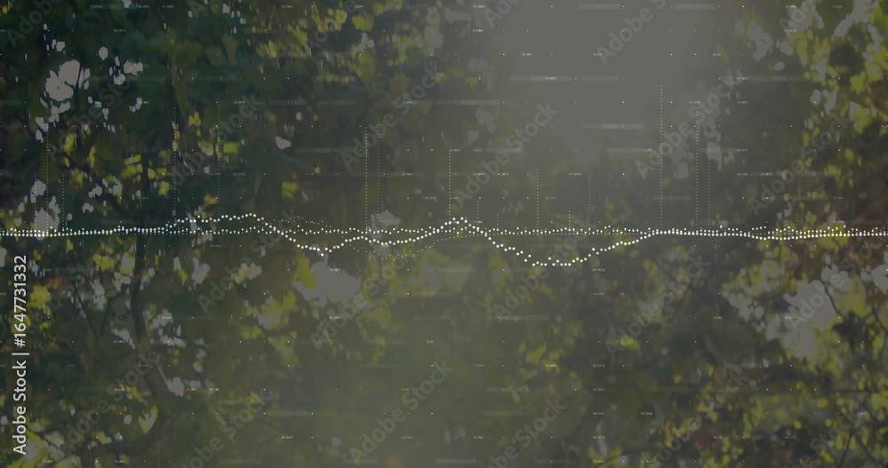 Fototapeta premium Flowing white dotted waveform graphic across forest canopy, with sunlit tree branches and leaves