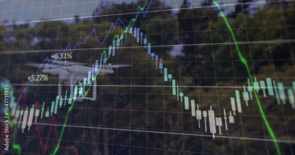Fototapeta premium Displaying financial chart overlaying woodland, with candlestick bars and trend lines