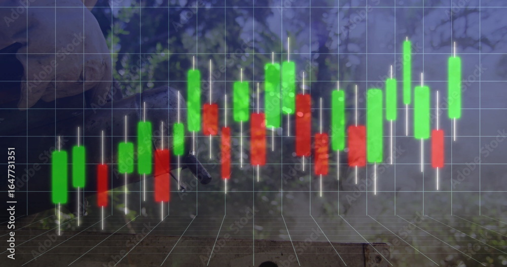 Fototapeta premium Floating candlestick chart bars hovering above 3D grid floor at woodland backdrop, with chart wicks