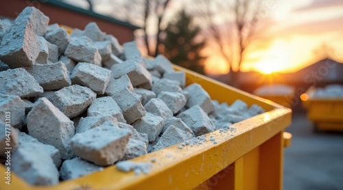 Rubble in a construction dumpster, a large pile of concrete and debris fills a bin at sunset, symbolizing waste management and demolition cleanup.