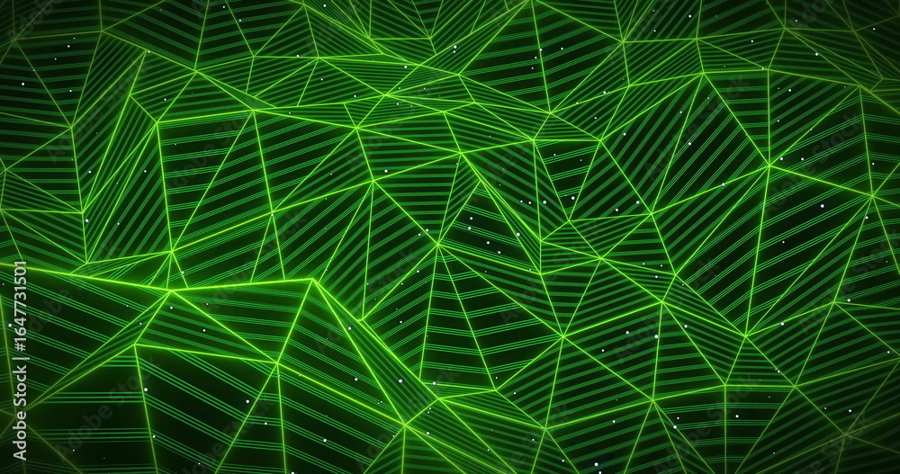 Fototapeta premium Forming abstract green wireframe mesh nodes in virtual network space, with luminous lines and dots