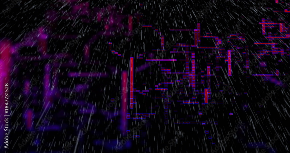 Obraz premium Streaming neon magenta glitch bars across circuit board, with pixel fragments and white streaks