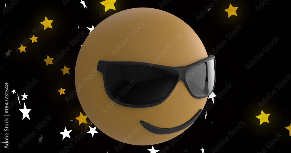 Fototapeta premium Floating amber emoticon sphere wearing black shades in cosmic starfield, with white and gold stars