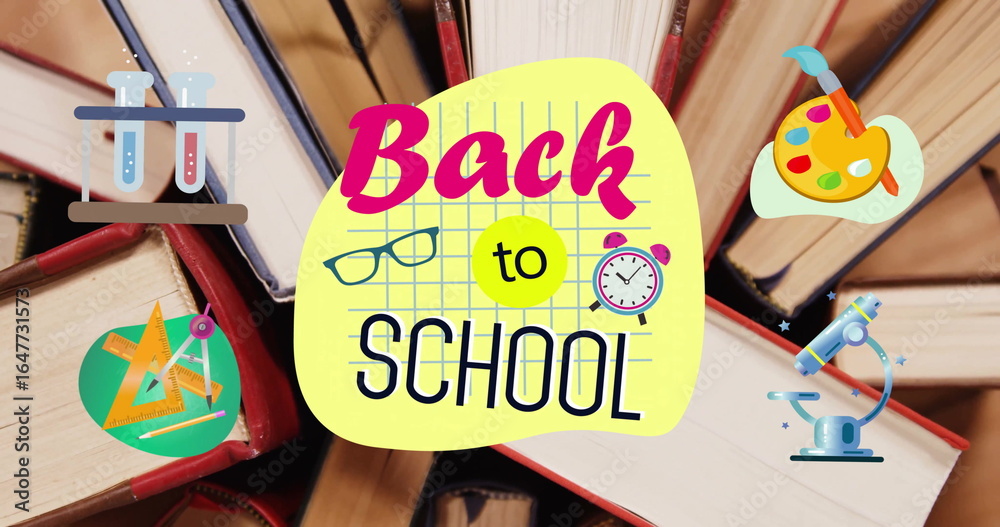 Fototapeta premium Displaying yellow Back to School panel hovering over open book collage, with educational icons