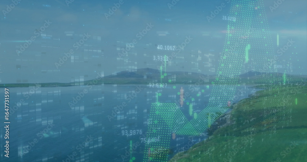 Fototapeta premium Displaying translucent financial overlay at lakeshore with green 3D graph curve and data points