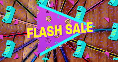 Featuring purple triangle glowing cyan border on tabletop, with teal handsets, cords and confetti