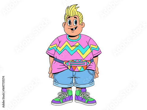 Happy cartoon character of a young boy dressed in vibrant 1990s retro style clothing, isolated on a white background
