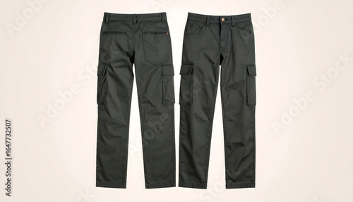 Durable dark grey cargo pants for men, front and back view